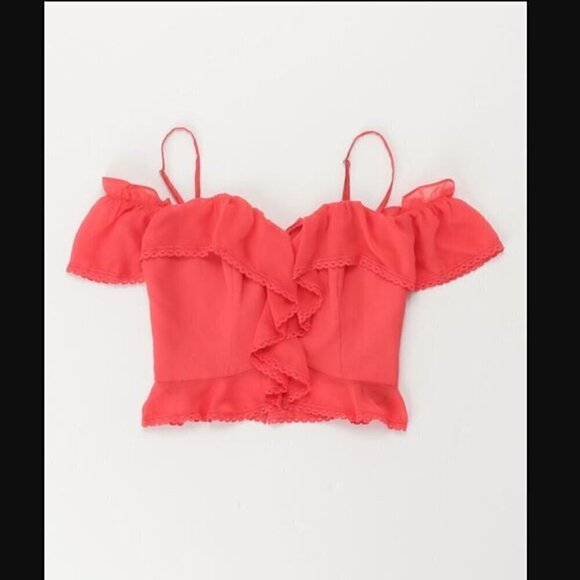 Marciano Juliet Off-Shoulder Bustier Top XS NWT Hibiscus Red Ruffles Mini Length - Picture 3 of 8